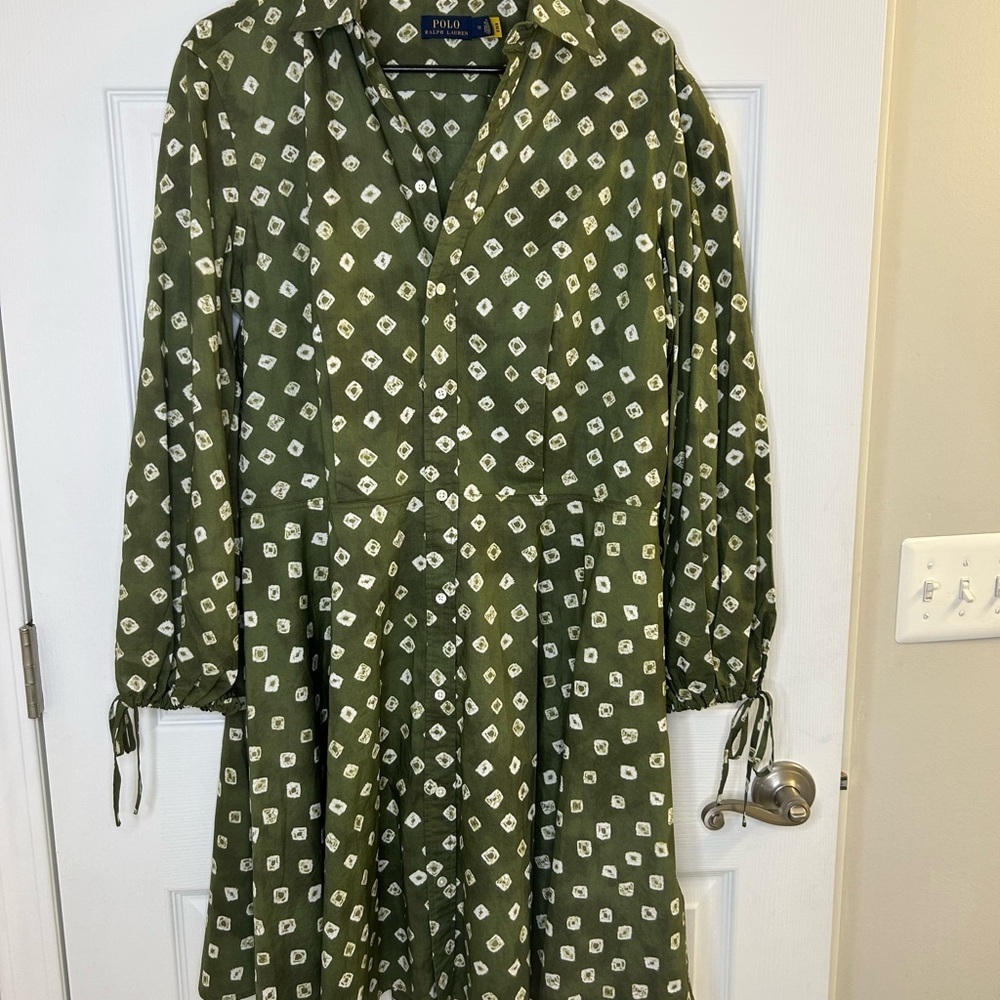 Polo Ralph Lauren Dress Size 12 Green Button Balloon Sleeves 100% Cotton - Picture 6 of 11
